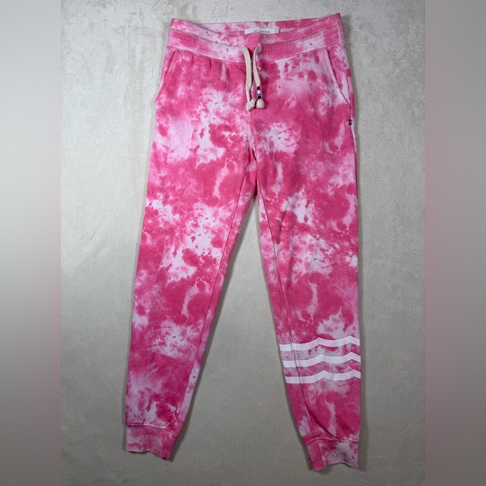 Sol Angeles Size Small Pink and White Tie-Dye Splatter Soft Cotton Joggers